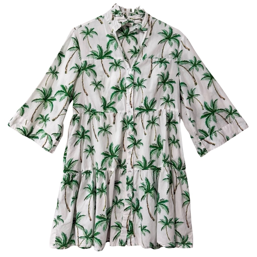 100% Cotton White Tiered Mini Dress w/ Green Palm Tree Print Size Small